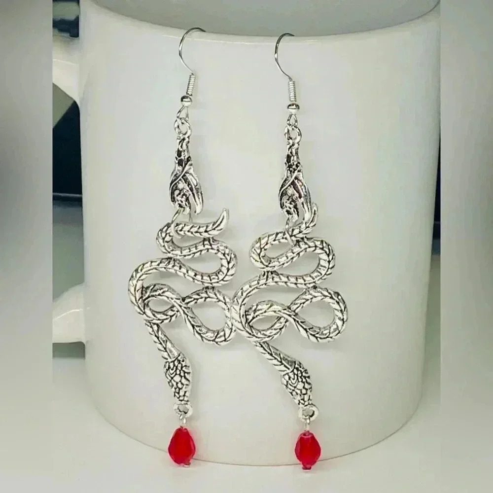 Silver Snake Red Bead Drop Earrings NWT - Picture 1 of 1
